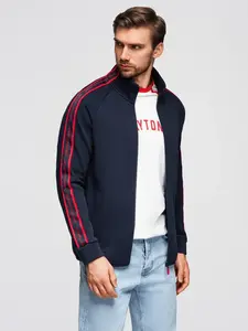 Ombre Men's unbuttoned sweatshirt with piping and high collar - navy blue