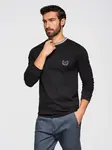 Ombre Men's cotton longsleeve with striped U neckline and embroidery - black