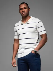 Ombre Men's horizontal striped viscose polo shirt - white and navy