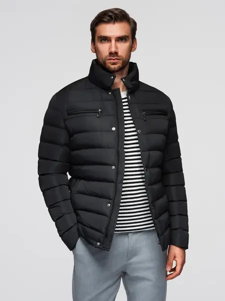 Ombre Men's quilted jacket with stand-up collar and chest zips - black