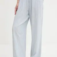 Lněné kalhoty Abercrombie & Fitch dámské, modrá barva, široké, high waist, KI156-5205