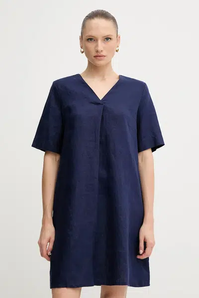 Lněné šaty United Colors of Benetton tmavomodrá barva, mini, oversize, 4AGHDV0B0