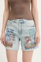 Džínové šortky Desigual INIDAN dámské, modrá barva, s potiskem, high waist, 25SWDD24