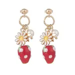 Natural Pearl & Alloy Enamel Flower & Lampwork Strawberry Dangle Stud Earrings