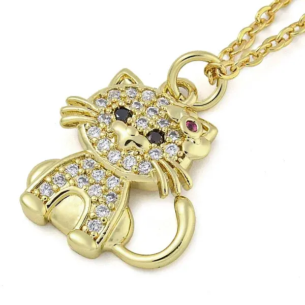 Brass Micro Pave Clear Cubic Zirconia Cat Pendant Necklaces for Women