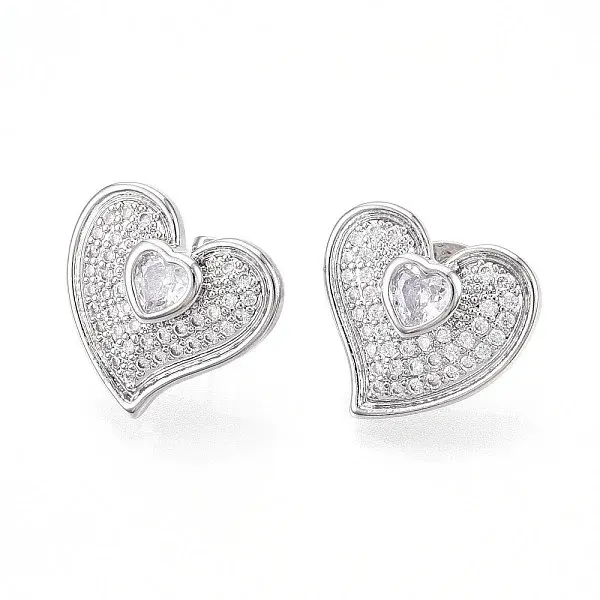 Heart Brass Pave Clear Cubic Zirconia Stud Earrings