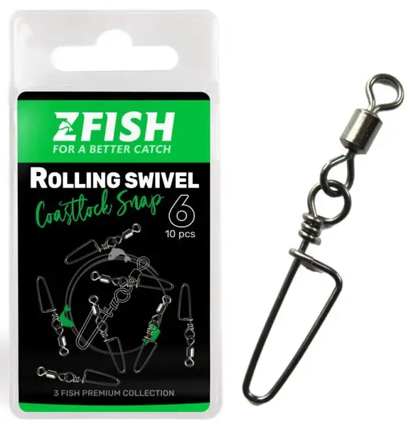 Zfish obratlík s karabinou rolling swivel & coastlock snap 10 ks - velikost 16 nosnost 10 kg