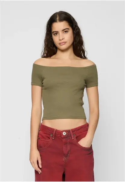 Women's T-shirt Off Shoulder Rib Tee 2-Pack white+olive