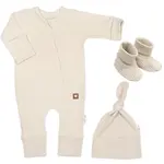 Rastúci rebrovaný overálek, čiapočka a topánočky, 3D, Nature - sv. béžová, veľ. 86/92
