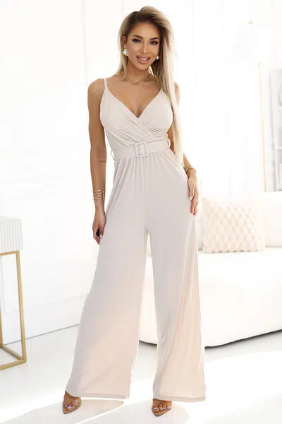 593-1 Elegant wrap jumpsuit with wide legs and belt – beige