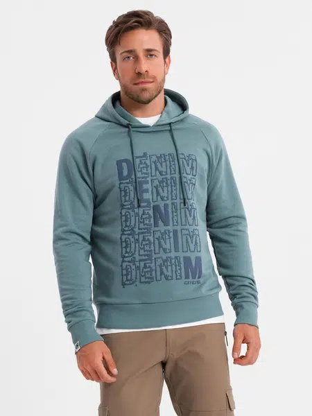 Ombre Men's non-stretch kangaroo sweatshirt with hood and print - turquoise