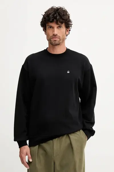 Bavlněná mikina United Colors of Benetton pánská, černá barva, hladká, 342ZU1093