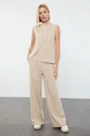 Trendyol Beige Thessaloniki Knitted Sleeveless Blouse and Trousers Top-Bottom Set