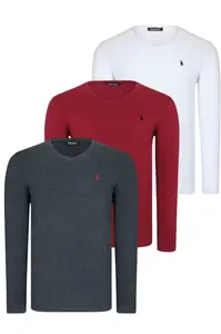 TRIPLE SET T8587 DEWBERRY V-NECK MEN'S SWEATSHIRT-WHITE-ANTHRACITE-BURGUNDY
