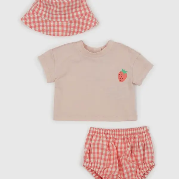 Sada dievčenského trička, šortiek a klobúka v staroružovej a červenej farbe GAP