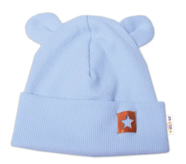 Baby Nellys Rebrovaná dvojvrstvová čiapka s uškami TEDDY - sv. modrá, veľ. 80/86