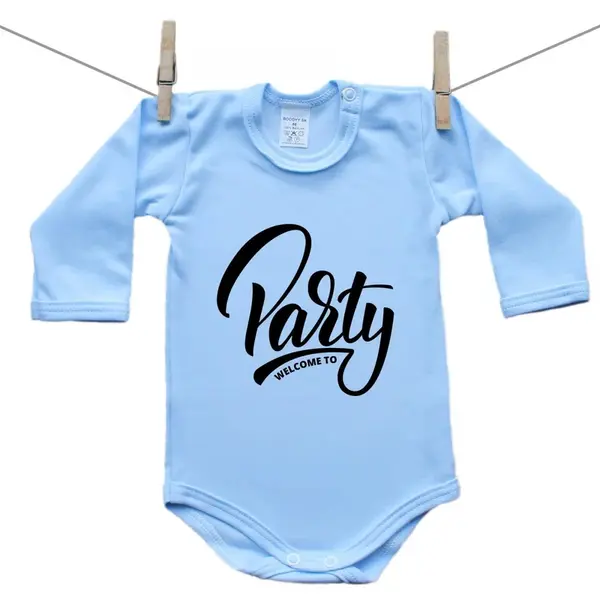 Boodyy Modré body s dlhým rukávom Welcome to party 92 (18-24 mesiacov)