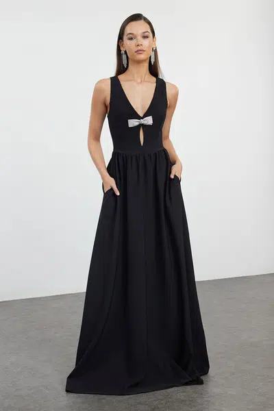 Trendyol Black Bow Detail Woven Elegant Long Evening Dress & Graduation Dress