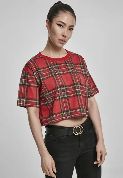 Dámské krátké oversized tričko AOP Tartan červené/bl