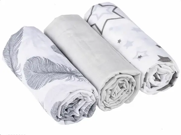 Mušelínové plienky 3ks Lux - Pierka, hviezdičky, 70 x 80 cm, sivá/biela