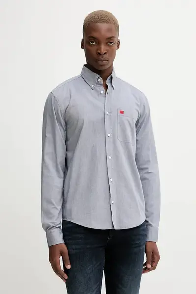Bavlněná košile HUGO pánská, černá barva, slim, s límečkem button-down, 50479302