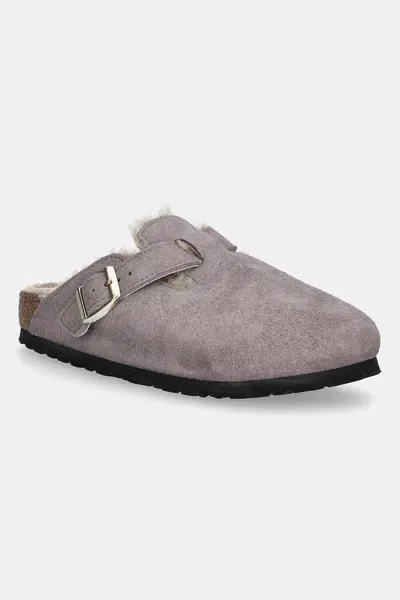 Semišové pantofle Birkenstock Boston Shimmering Shearling dámské, fialová barva, 1030887