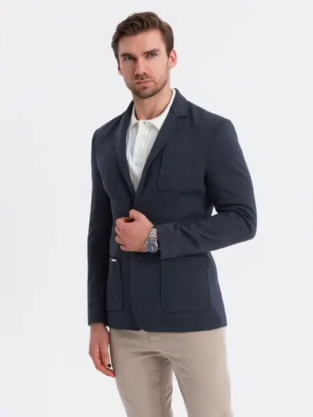 Ombre Men's SLIM knit jacket with subtle texture - navy blue