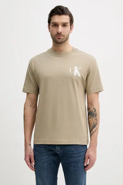 Bavlněné tričko Calvin Klein Jeans béžová barva, s potiskem, J30J327475