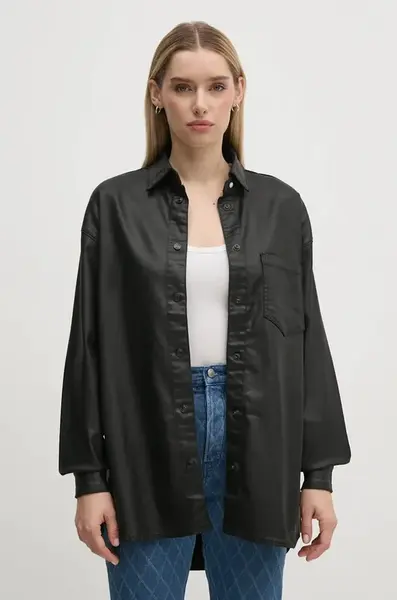 Košile Pepe Jeans OVERSHIRT dámská, černá barva, relaxed, s klasickým límcem, PL304963XM5
