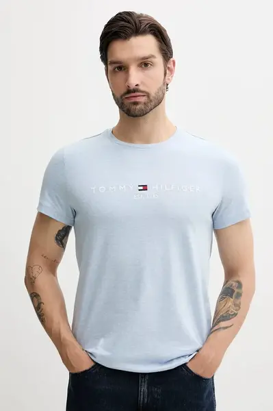 Bavlněné tričko Tommy Hilfiger pánské, modrá barva, s aplikací, MW0MW11797