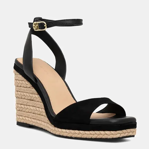 Kožené sandály Tommy Hilfiger LEATHER & SUEDE HIGH WEDGE ESPAD černá barva, FW0FW08803