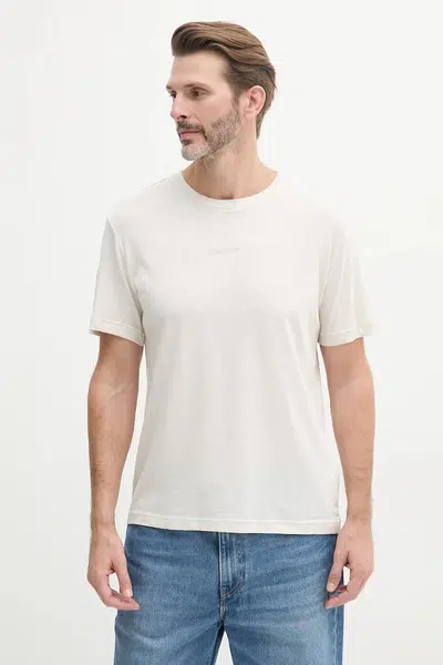 Tričko s příměsí lnu Calvin Klein pánské, béžová barva, s potiskem, KM0KM01138