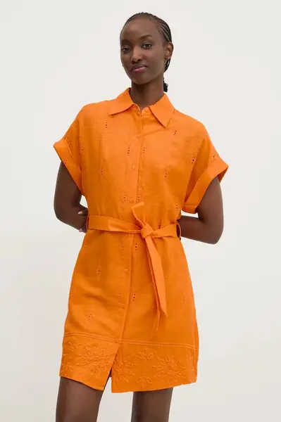 Šaty s příměsí lnu Desigual AVINYON oranžová barva, mini, 25SWVW14