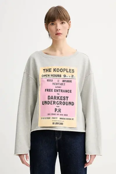 Bavlněná mikina The Kooples dámská, šedá barva, s potiskem, FSWE30013K