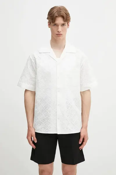 Bavlněná košile Drôle de Monsieur La Chemise Brodee Tapisserie bílá barva, relaxed, s klasickým límcem, G-SH213-CO196-WT