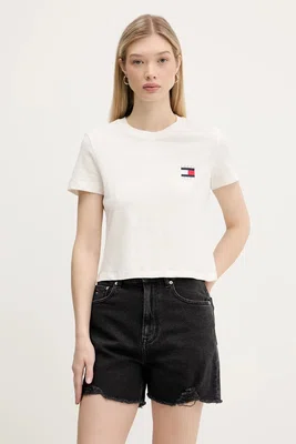 Bavlněné tričko Tommy Jeans dámské, béžová barva, DW0DW21423