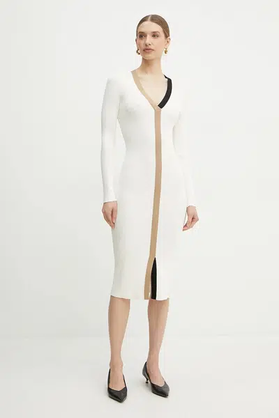 Šaty BOSS béžová barva, midi, 50537746