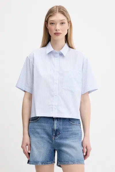 Bavlněná košile Guess Jeans dámská, modrá barva, relaxed, s klasickým límcem, W5GH98 WH7Q1