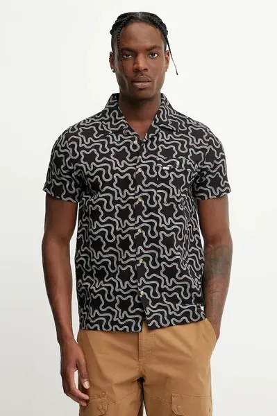 Lněná košile Picture Mokara pánská, černá barva, regular, MTS1206