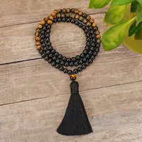 Natural Black Stone & Tiger Eye 108 Mala Prayer Round Beaded Wrap Necklaces with Long Tassel
