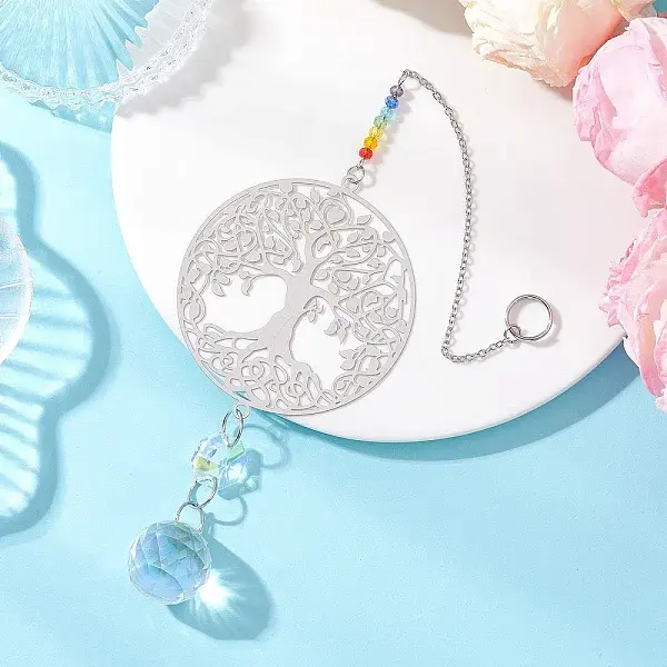 201 Stainless Steel Tree of Life Shape & Rainbow Crystal Glass Hanging Suncatcher