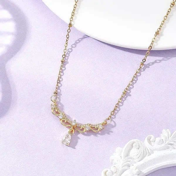 Brass Pave Clear Cubic Zirconia Angel Wings Pendant 304 Stainless Steel Satellite Chain Necklaces for Women