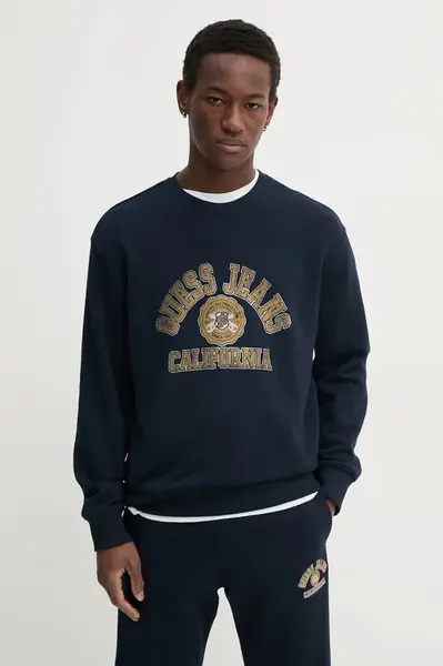 Bavlněná mikina Guess Jeans pánská, tmavomodrá barva, s potiskem, M5RQ40 KCPR1