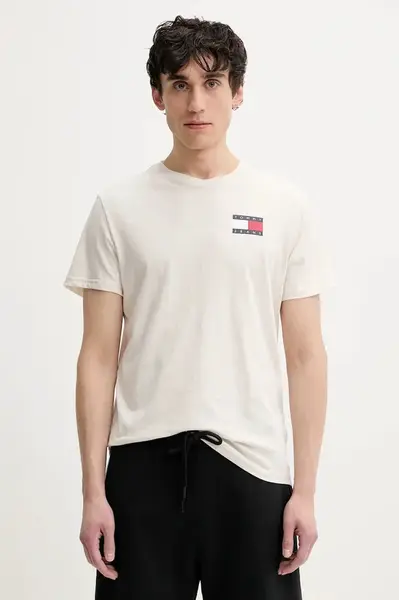 Bavlněné tričko Tommy Jeans béžová barva, s potiskem, DM0DM20740
