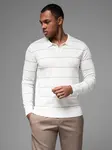 Ombre Men's horizontal striped polo longsleeve with viscose - white and beige