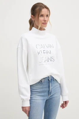 Bavlněná mikina Calvin Klein Jeans dámská, béžová barva, s aplikací, J20J225082