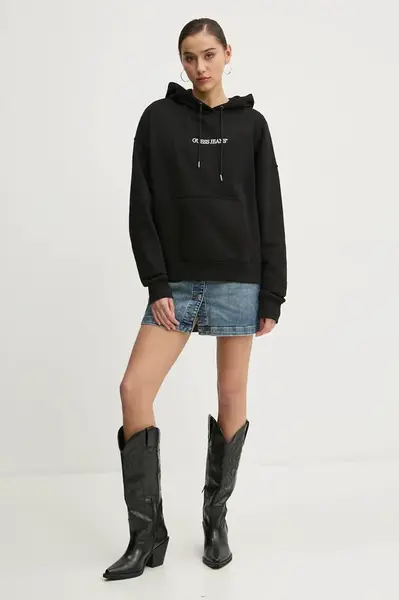 Bavlněná mikina Guess Jeans dámská, černá barva, s kapucí, s aplikací, W5RQ27 K68I4