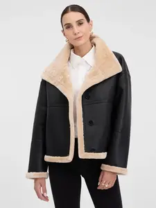 Černá dámská koženková bunda s kožešinou