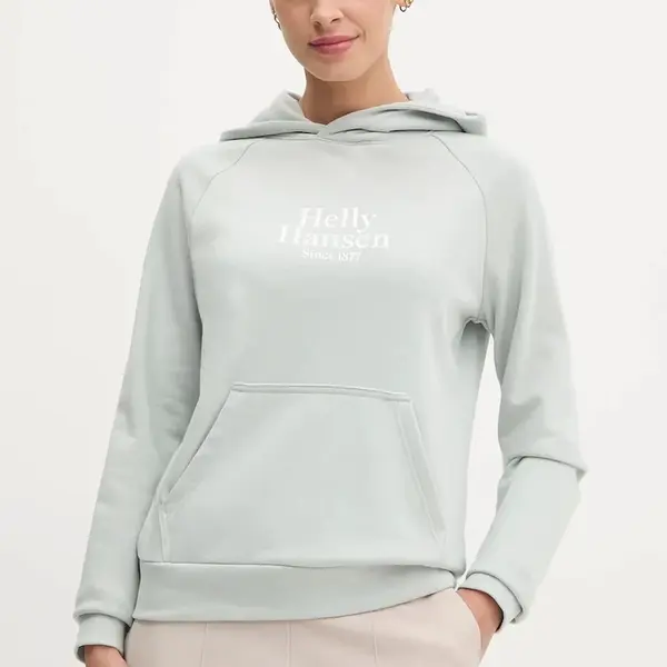 Mikina Helly Hansen dámská, zelená barva, s kapucí, s aplikací, 54239