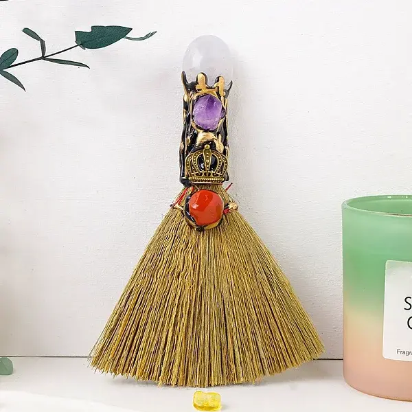 New Natural Quartz Crystal Rolling Stone Broom Hand Crystal Raw Stone Handmade Magic Broom Halloween Decoration Wholesale